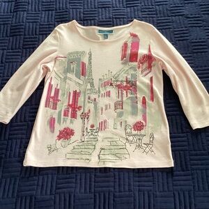 Karen Scott 3/4 Sleeve Top - Pink with Rhinestone Accent Cityscape